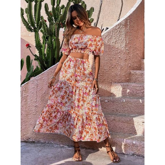 2 piece set Floral Off Shoulder Puff Sleeve Crop Top & Ruffle Hem maxi Skirt set - Picture 4 of 6